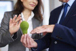 Ein Geschäftsmann und eine Geschäftsfrau in professioneller Kleidung halten gemeinsam eine Glühbirne, die mit grünem Moos bedeckt ist, als Symbol für nachhaltige und umweltfreundliche Innovationen.