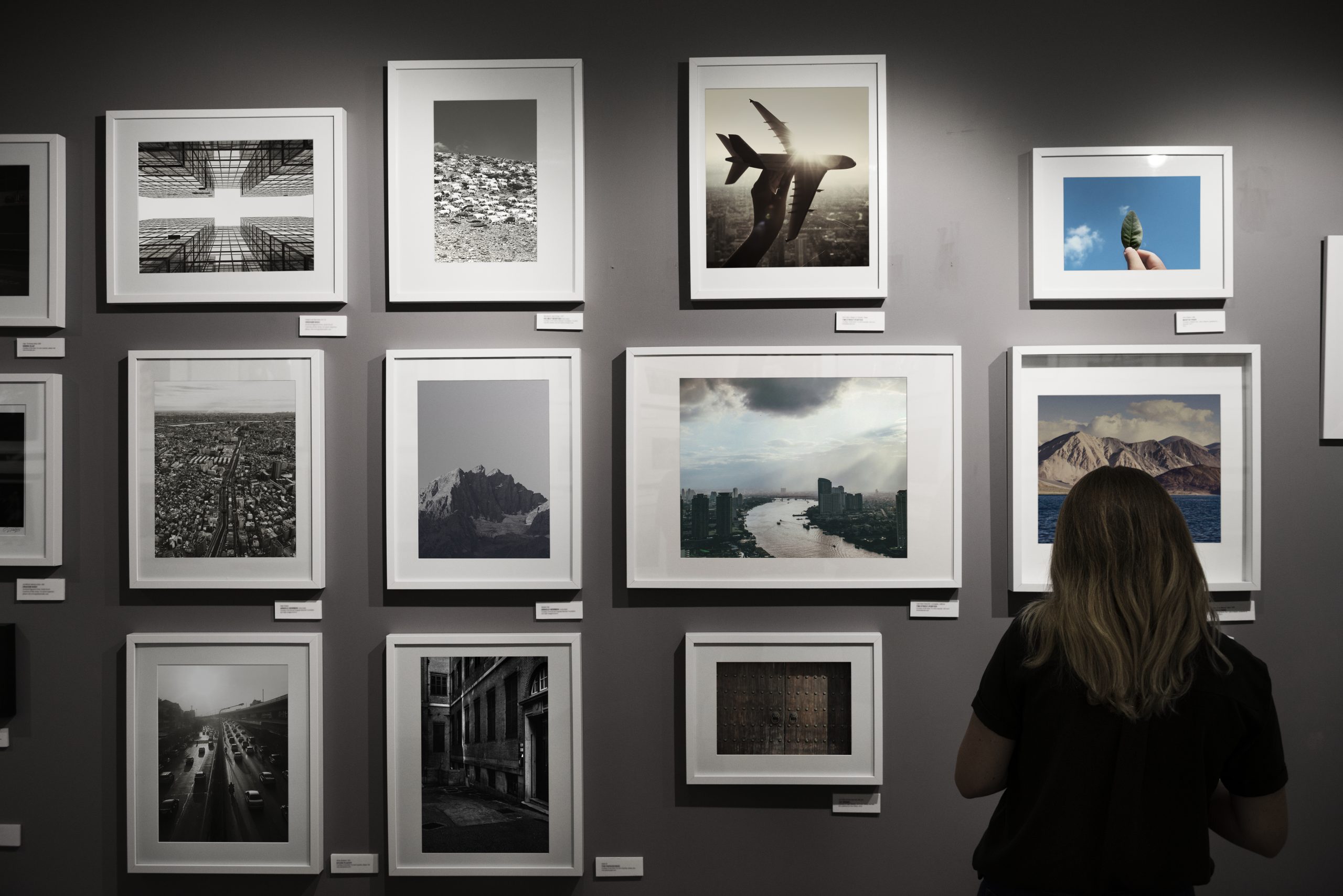 Eine Frau betrachtet aufmerksam eine Wand voller gerahmter Fotografien und Kunstwerke in einer Galerie. Die Szene symbolisiert das wachsende Interesse am Investieren in Kunst und Sammlerstücke in Deutschland, da solche Ausstellungen potenziellen Investoren und Kunstliebhabern eine Vielzahl an Möglichkeiten bieten, einzigartige Werke zu entdecken und in deren Wertentwicklung zu investieren.
