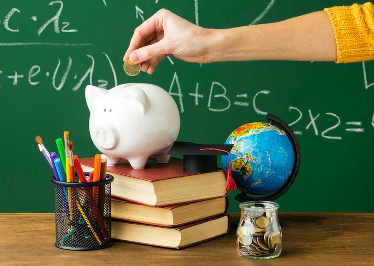 Symbolbild für finanzielle Bildung: Hand wirft Münze in ein Sparschwein, umgeben von Schulbüchern, Schreibmaterial, Globus und Tafel mit mathematischen Formeln im Hintergrund.