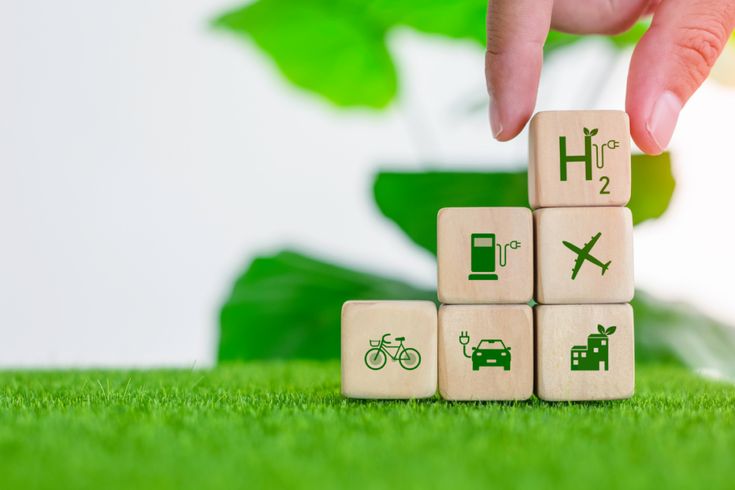 Holzwürfel mit Symbolen für Fahrrad, Elektroauto, Wasserstoff, Flugzeug und nachhaltige Gebäude auf grüner Wiese – eine Darstellung von Innovation und Nachhaltigkeit in der Mobilität und Energieversorgung.