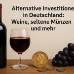 „Illustration zum Thema alternative Investitionen in Deutschland. Auf einem Holztisch stehen links eine dunkle Weinflasche und daneben ein Glas Rotwein. In der Mitte liegt eine goldene historische Münze, davor mehrere kleinere Münzen, was auf seltene Sammlerstücke und Numismatik hinweist. Rechts befindet sich eine Traube dunkler Weintrauben als Symbol für Wein- und Genussinvestments. Oben im Bild steht der Titel: ‚Alternative Investitionen in Deutschland: Weine, seltene Münzen und mehr‘. Der neutrale, hellbeige Hintergrund und die klaren Objektanordnungen vermitteln die Idee von Sachwerten jenseits klassischer Aktien oder Anleihen.“