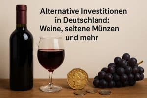 „Illustration zum Thema alternative Investitionen in Deutschland. Auf einem Holztisch stehen links eine dunkle Weinflasche und daneben ein Glas Rotwein. In der Mitte liegt eine goldene historische Münze, davor mehrere kleinere Münzen, was auf seltene Sammlerstücke und Numismatik hinweist. Rechts befindet sich eine Traube dunkler Weintrauben als Symbol für Wein- und Genussinvestments. Oben im Bild steht der Titel: ‚Alternative Investitionen in Deutschland: Weine, seltene Münzen und mehr‘. Der neutrale, hellbeige Hintergrund und die klaren Objektanordnungen vermitteln die Idee von Sachwerten jenseits klassischer Aktien oder Anleihen.“
