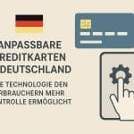 „Schlichte Infografik über anpassbare Kreditkarten in Deutschland. Auf hellem, beigem Hintergrund steht links der Titel in großer, dunkler Schrift: ‚Anpassbare Kreditkarten in Deutschland – wie Technologie den Verbrauchern mehr Kontrolle ermöglicht‘. Oberhalb des Titels befindet sich eine kleine deutsche Flagge. Rechts oben ist eine stilisierte blaue Kreditkarte mit Chip und Platzhalterdaten zu sehen. Rechts unten zeigt ein Smartphone-Symbol eine Hand, die auf ein Zahnrad tippt, was individuelle Einstellungen, App-Kontrolle und flexible Kartenfunktionen (z. B. Limits, Kategorien oder Sicherheitsoptionen) symbolisiert. Die minimalistische Gestaltung betont digitales Management und mehr Autonomie für Konsumenten.“
