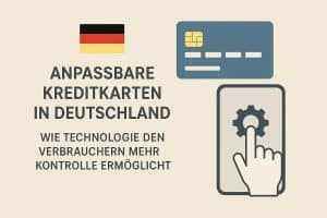 „Schlichte Infografik über anpassbare Kreditkarten in Deutschland. Auf hellem, beigem Hintergrund steht links der Titel in großer, dunkler Schrift: ‚Anpassbare Kreditkarten in Deutschland – wie Technologie den Verbrauchern mehr Kontrolle ermöglicht‘. Oberhalb des Titels befindet sich eine kleine deutsche Flagge. Rechts oben ist eine stilisierte blaue Kreditkarte mit Chip und Platzhalterdaten zu sehen. Rechts unten zeigt ein Smartphone-Symbol eine Hand, die auf ein Zahnrad tippt, was individuelle Einstellungen, App-Kontrolle und flexible Kartenfunktionen (z. B. Limits, Kategorien oder Sicherheitsoptionen) symbolisiert. Die minimalistische Gestaltung betont digitales Management und mehr Autonomie für Konsumenten.“