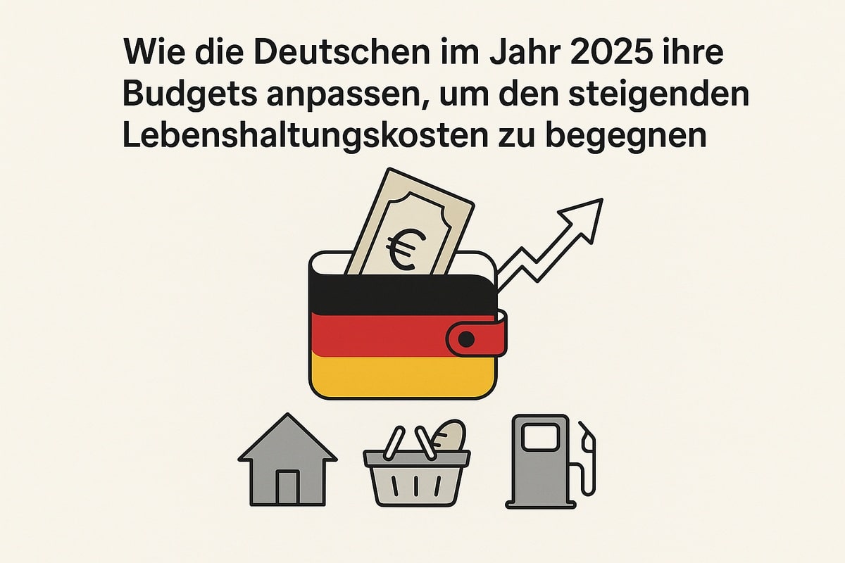 Minimalistische Infografik auf hellem Hintergrund mit dem Titel ‘Wie die Deutschen im Jahr 2025 ihre Budgets anpassen, um den steigenden Lebenshaltungskosten zu begegnen’ oben. In der Mitte befindet sich eine Geldbörse in den Farben Schwarz-Rot-Gold mit einem Euro-Schein, aus der ein ansteigender Pfeil herausragt, was steigende Kosten und Budgetanpassungen symbolisiert. Unten sind drei einfache Icons angeordnet: links ein Haus (Wohnkosten), in der Mitte ein Einkaufskorb (Lebensmittel/Alltagsausgaben) und rechts eine Zapfsäule (Energie-/Kraftstoffkosten). Das klare Design betont Sparen, Priorisierung und den Umgang mit höheren Ausgaben.