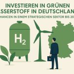 Schlichte Infografik mit beigefarbenem Hintergrund und dem Titel ‘Investieren in grünen Wasserstoff in Deutschland’ sowie dem Untertitel ‘Chancen in einem strategischen Sektor bis 2030’ oben. Links steht ein großer grüner Wasserstofftank mit der Aufschrift ‘H₂’, daneben eine kleine Pflanze als Symbol für Nachhaltigkeit. In der Mitte befindet sich eine Windkraftanlage. Rechts ist eine grüne Silhouette der Deutschlandkarte zu sehen. Davor steht eine stilisierte Geschäftsperson im Anzug mit Aktentasche, die zur Karte blickt, was Investitionen und wirtschaftliche Chancen im Bereich grüner Wasserstoffenergie bis 2030 verdeutlicht.
