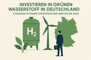 Schlichte Infografik mit beigefarbenem Hintergrund und dem Titel ‘Investieren in grünen Wasserstoff in Deutschland’ sowie dem Untertitel ‘Chancen in einem strategischen Sektor bis 2030’ oben. Links steht ein großer grüner Wasserstofftank mit der Aufschrift ‘H₂’, daneben eine kleine Pflanze als Symbol für Nachhaltigkeit. In der Mitte befindet sich eine Windkraftanlage. Rechts ist eine grüne Silhouette der Deutschlandkarte zu sehen. Davor steht eine stilisierte Geschäftsperson im Anzug mit Aktentasche, die zur Karte blickt, was Investitionen und wirtschaftliche Chancen im Bereich grüner Wasserstoffenergie bis 2030 verdeutlicht.