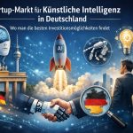 Illustration zum Startup-Markt für künstliche Intelligenz in Deutschland, mit einer futuristischen Szene aus Technologie und Innovation. Im Zentrum startet eine Rakete mit der Aufschrift „AI“, die Wachstum und Skalierung von KI-Startups symbolisiert. Im Vordergrund ist ein Handschlag zwischen einer menschlichen Hand und einer Roboterhand zu sehen, der Zusammenarbeit zwischen Mensch und künstlicher Intelligenz darstellt. Weitere Elemente sind ein humanoider KI-Kopf, ein Roboterarm, eine leuchtende Glühbirne als Symbol für Ideen sowie vernetzte Datenstrukturen. Im Hintergrund erscheinen deutsche Wahrzeichen wie das Brandenburger Tor, der Berliner Fernsehturm und moderne Bürogebäude, ergänzt durch eine deutsche Flagge und Investoren, die Investitionsmöglichkeiten im deutschen KI-Ökosystem verdeutlichen.