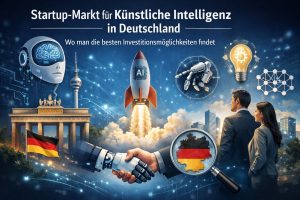 Illustration zum Startup-Markt für künstliche Intelligenz in Deutschland, mit einer futuristischen Szene aus Technologie und Innovation. Im Zentrum startet eine Rakete mit der Aufschrift „AI“, die Wachstum und Skalierung von KI-Startups symbolisiert. Im Vordergrund ist ein Handschlag zwischen einer menschlichen Hand und einer Roboterhand zu sehen, der Zusammenarbeit zwischen Mensch und künstlicher Intelligenz darstellt. Weitere Elemente sind ein humanoider KI-Kopf, ein Roboterarm, eine leuchtende Glühbirne als Symbol für Ideen sowie vernetzte Datenstrukturen. Im Hintergrund erscheinen deutsche Wahrzeichen wie das Brandenburger Tor, der Berliner Fernsehturm und moderne Bürogebäude, ergänzt durch eine deutsche Flagge und Investoren, die Investitionsmöglichkeiten im deutschen KI-Ökosystem verdeutlichen.