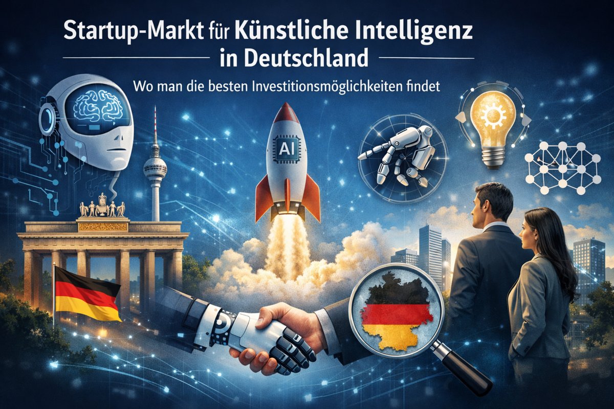Illustration zum Startup-Markt für künstliche Intelligenz in Deutschland, mit einer futuristischen Szene aus Technologie und Innovation. Im Zentrum startet eine Rakete mit der Aufschrift „AI“, die Wachstum und Skalierung von KI-Startups symbolisiert. Im Vordergrund ist ein Handschlag zwischen einer menschlichen Hand und einer Roboterhand zu sehen, der Zusammenarbeit zwischen Mensch und künstlicher Intelligenz darstellt. Weitere Elemente sind ein humanoider KI-Kopf, ein Roboterarm, eine leuchtende Glühbirne als Symbol für Ideen sowie vernetzte Datenstrukturen. Im Hintergrund erscheinen deutsche Wahrzeichen wie das Brandenburger Tor, der Berliner Fernsehturm und moderne Bürogebäude, ergänzt durch eine deutsche Flagge und Investoren, die Investitionsmöglichkeiten im deutschen KI-Ökosystem verdeutlichen.