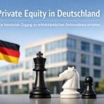 Titelbild zum Thema Private Equity in Deutschland mit der Überschrift „Private Equity in Deutschland: Wie Investoren Zugang zu mittelständischen Unternehmen erhalten“. Im Vordergrund stehen Schachfiguren auf einer Oberfläche: ein schwarzer König, ein weißes Pferd und ein schwarzer Bauer, die strategische Planung und langfristige Investitionen symbolisieren. Im Hintergrund ist eine moderne Bürogebäudestruktur zu sehen, daneben weht die deutsche Flagge, was den Bezug zum deutschen Markt und zum Mittelstand unterstreicht.