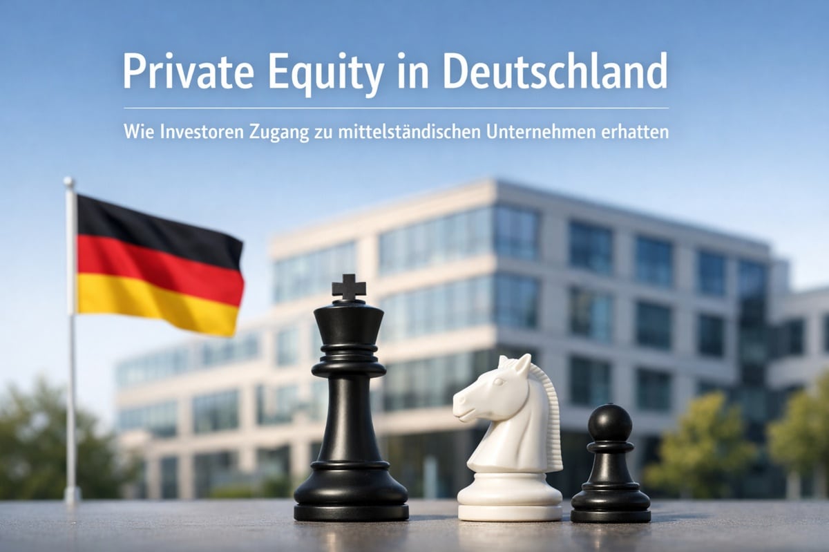Titelbild zum Thema Private Equity in Deutschland mit der Überschrift „Private Equity in Deutschland: Wie Investoren Zugang zu mittelständischen Unternehmen erhalten“. Im Vordergrund stehen Schachfiguren auf einer Oberfläche: ein schwarzer König, ein weißes Pferd und ein schwarzer Bauer, die strategische Planung und langfristige Investitionen symbolisieren. Im Hintergrund ist eine moderne Bürogebäudestruktur zu sehen, daneben weht die deutsche Flagge, was den Bezug zum deutschen Markt und zum Mittelstand unterstreicht.