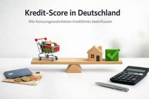 Symbolische Darstellung des Kredit-Scores in Deutschland: Ein Einkaufswagen mit Einkäufen steht auf einer Waage gegenüber einem Holzhaus mit grünem Häkchen. Daneben liegen Euro-Banknoten, Münzen, eine Kreditkarte, ein Taschenrechner und ein Stift – Sinnbild für Konsumverhalten, finanzielle Planung und Kreditwürdigkeit.