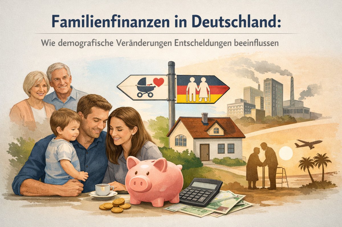 Illustration zu Familienfinanzen in Deutschland: Eine junge Familie mit Eltern und Kleinkind sitzt gemeinsam am Tisch, daneben ein Sparschwein, Münzen, Geldscheine und ein Taschenrechner als Symbole für Haushaltsbudget und Finanzplanung. Im Hintergrund sind weitere Lebensphasen dargestellt – ein älteres Ehepaar, ein Wegweiser mit Symbolen für Familie und Alter vor deutscher Flagge, ein Eigenheim sowie Industrie, Reisen und Pflege im Alter – als Sinnbild für demografische Veränderungen und deren Einfluss auf finanzielle Entscheidungen.