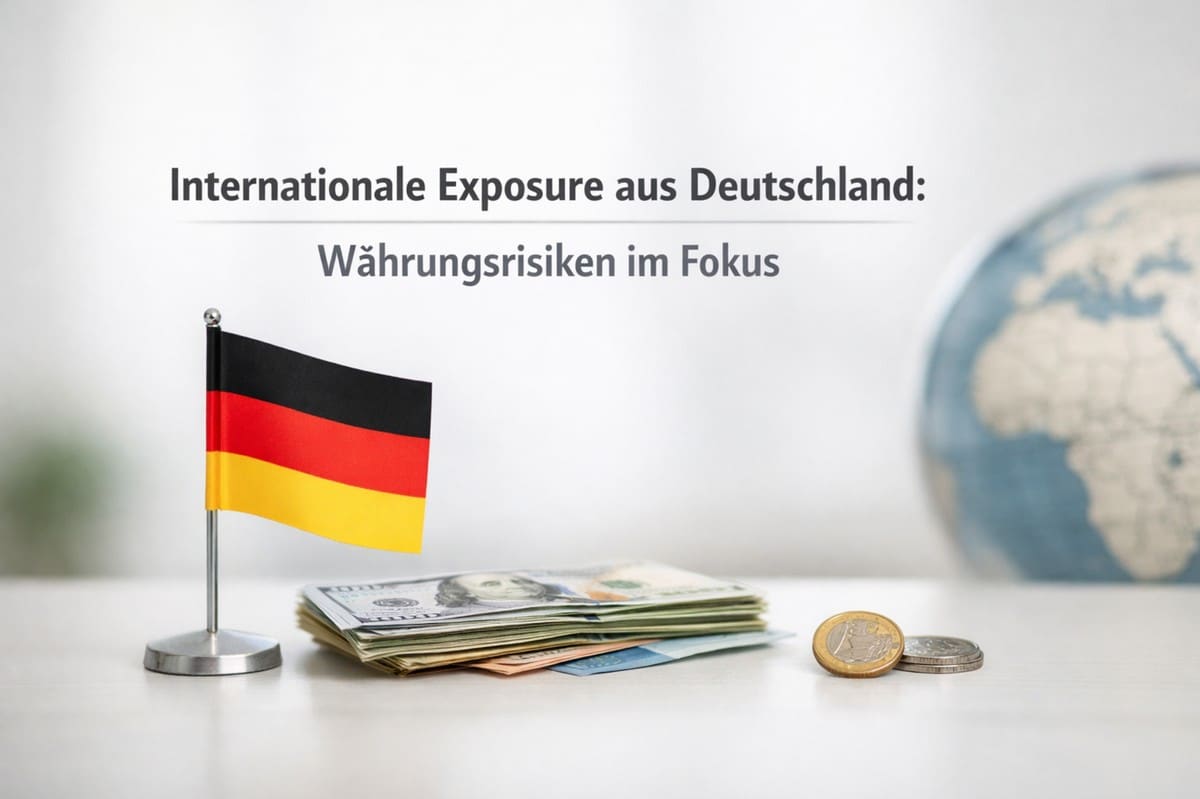 Konzeptionelles Bild zur internationalen Exposure aus Deutschland mit Fokus auf Währungsrisiken. Auf einem Tisch stehen eine kleine deutsche Flagge auf einem Sockel, mehrere Stapel internationaler Banknoten sowie Euromünzen, die globale Geldflüsse und Wechselkursrisiken symbolisieren. Im Hintergrund ist ein unscharfer Globus zu sehen, der die internationale Ausrichtung und grenzüberschreitende Finanzbeziehungen verdeutlicht. Der Text „Internationale Exposure aus Deutschland: Währungsrisiken im Fokus“ unterstreicht den wirtschaftlichen und analytischen Charakter der Darstellung.