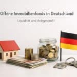 Konzeptuelle Darstellung offener Immobilienfonds in Deutschland mit Fokus auf Liquidität und Anlegerprofil. Das Bild zeigt ein kleines Modellhaus, gestapelte Euro-Banknoten, Münzen sowie ein Glas mit Ersparnissen, die für Immobilieninvestitionen stehen. Daneben befinden sich ein Schlüsselbund mit Hausschlüssel und eine deutsche Flagge, die den nationalen Kontext unterstreichen. Die Anordnung symbolisiert Vermögensaufbau, Stabilität und Liquidität bei offenen Immobilienfonds. Im oberen Bereich ist der Titel „Offene Immobilienfonds in Deutschland – Liquidität und Anlegerprofil“ zu sehen.