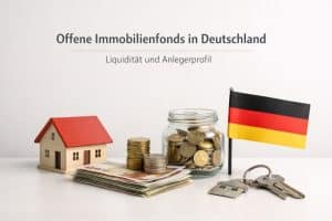 Konzeptuelle Darstellung offener Immobilienfonds in Deutschland mit Fokus auf Liquidität und Anlegerprofil. Das Bild zeigt ein kleines Modellhaus, gestapelte Euro-Banknoten, Münzen sowie ein Glas mit Ersparnissen, die für Immobilieninvestitionen stehen. Daneben befinden sich ein Schlüsselbund mit Hausschlüssel und eine deutsche Flagge, die den nationalen Kontext unterstreichen. Die Anordnung symbolisiert Vermögensaufbau, Stabilität und Liquidität bei offenen Immobilienfonds. Im oberen Bereich ist der Titel „Offene Immobilienfonds in Deutschland – Liquidität und Anlegerprofil“ zu sehen.