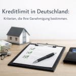 Kreditlimit in Deutschland Konzept mit Hausmodell, Bargeld, Schlüsseln, Kreditkarte und Checkliste auf Schreibtisch zur Darstellung von Kreditbewertung und Finanzierungskriterien