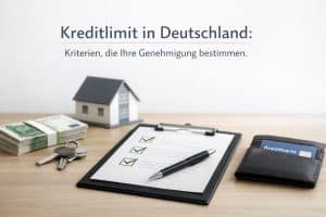 Kreditlimit in Deutschland Konzept mit Hausmodell, Bargeld, Schlüsseln, Kreditkarte und Checkliste auf Schreibtisch zur Darstellung von Kreditbewertung und Finanzierungskriterien