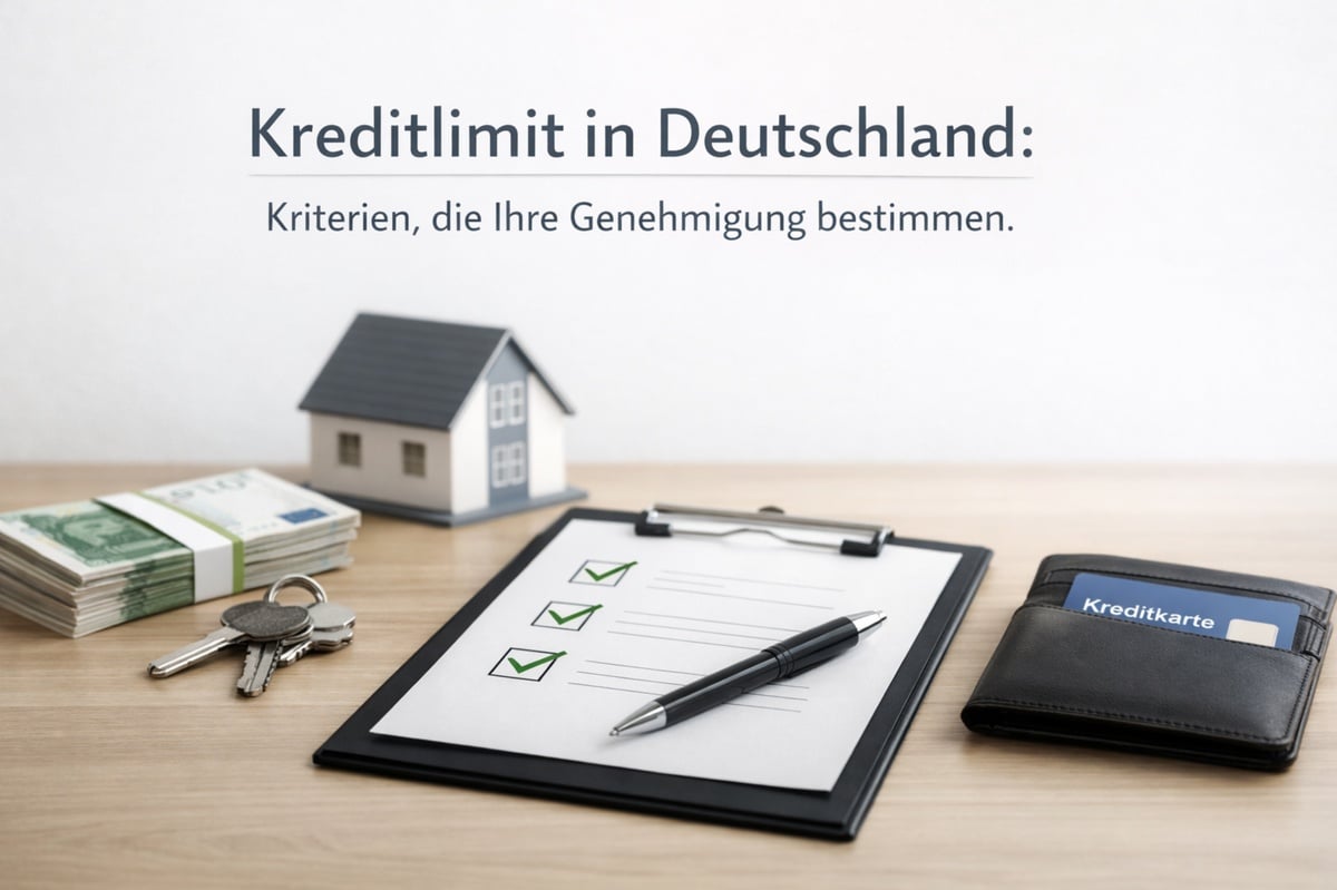 Kreditlimit in Deutschland Konzept mit Hausmodell, Bargeld, Schlüsseln, Kreditkarte und Checkliste auf Schreibtisch zur Darstellung von Kreditbewertung und Finanzierungskriterien