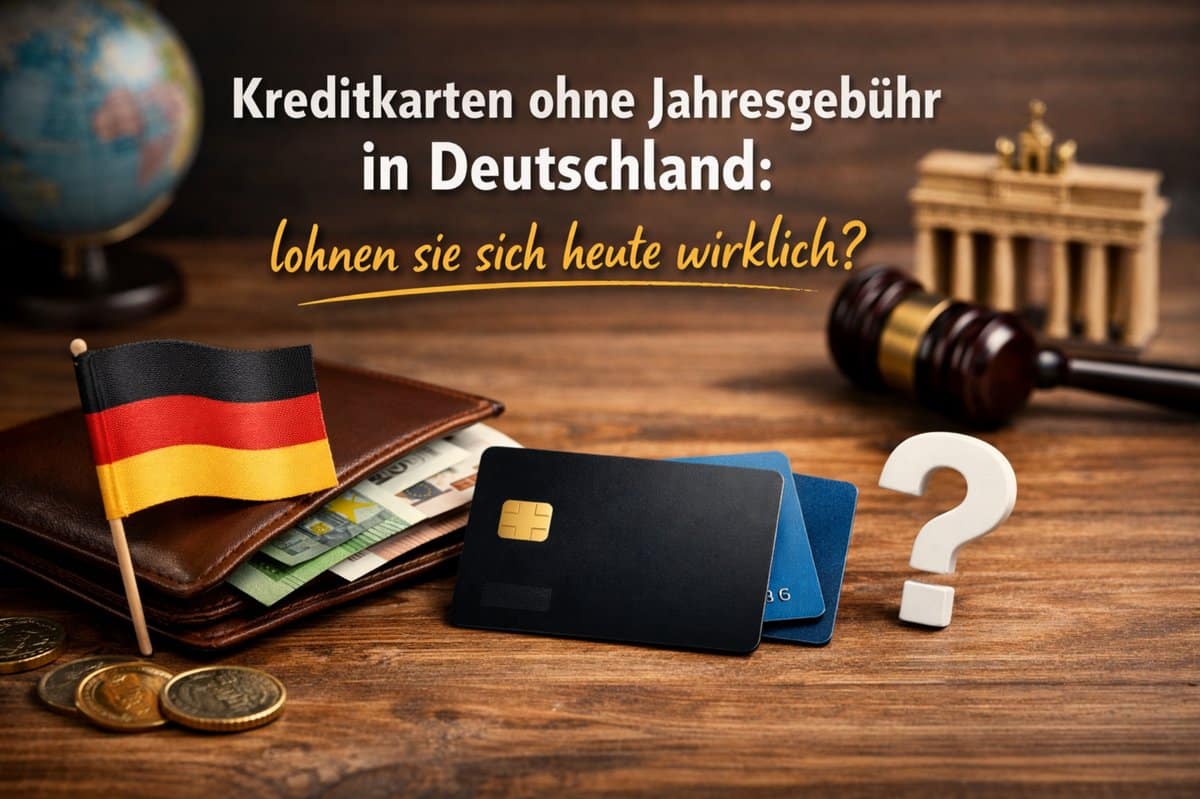 Kreditkarten ohne Jahresgebühr in Deutschland Konzept mit deutscher Flagge, Geldbörse mit Euro-Banknoten, Kreditkarten auf Tisch, Fragezeichen und Symbolen für Finanzen und Entscheidung zur Auswahl der besten gebührenfreien Kreditkarte