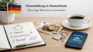 Finanzbildung in Deutschland mit Sparzielen, Euro-Banknoten, Smartphone-Banking-App, Hausschlüsseln und Notizbuch mit Investitions- und Reisezielen auf einem Tisch neben einer Kaffeetasse und deutscher Flagge