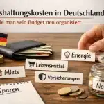 Lebenshaltungskosten in Deutschland dargestellt mit Kategorien wie Miete, Lebensmittel, Energie und Versicherungen, Sparnotizen, Euro-Münzen, Geldbörse und Notfallglas auf einem Tisch neben deutscher Flagge