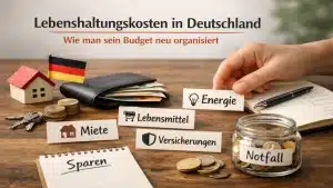 Lebenshaltungskosten in Deutschland dargestellt mit Kategorien wie Miete, Lebensmittel, Energie und Versicherungen, Sparnotizen, Euro-Münzen, Geldbörse und Notfallglas auf einem Tisch neben deutscher Flagge