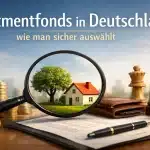 Investmentfonds in Deutschland Konzept mit Lupe auf Hausmodell, Münzen, deutscher Flagge und Finanzdokumenten als Symbol für sichere Geldanlage