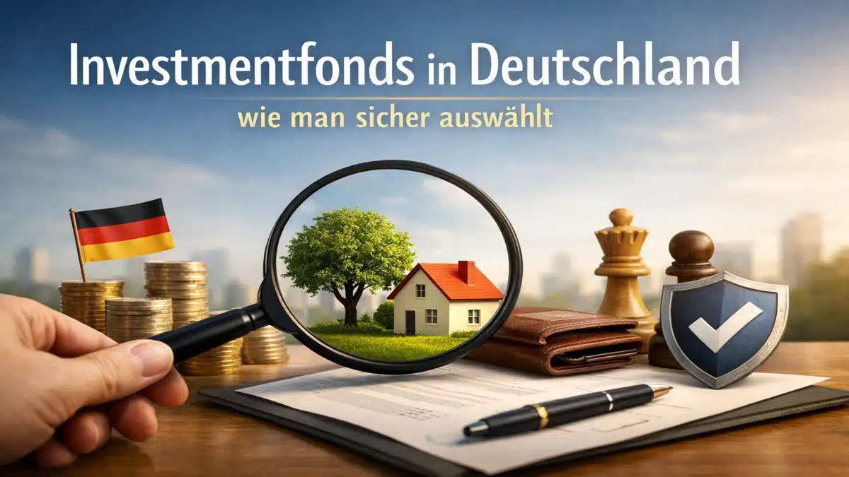 Investmentfonds in Deutschland Konzept mit Lupe auf Hausmodell, Münzen, deutscher Flagge und Finanzdokumenten als Symbol für sichere Geldanlage