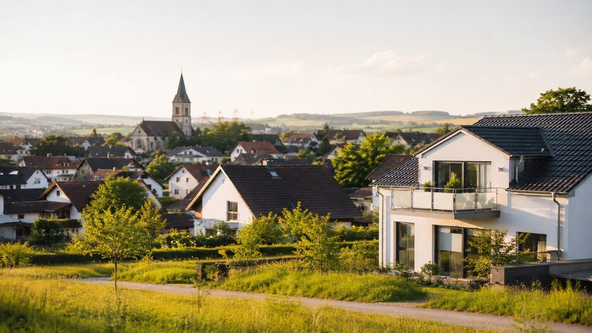 Die Bilder vermitteln eine ruhige und moderne Wohnatmosphäre mit zeitgemäßer Architektur, grünen Landschaften und harmonischen Wohngebieten. Sie unterstreichen die Idee nachhaltiger Immobilienentwicklungen in wirtschaftlich stabilen Regionen und symbolisieren neue Chancen für langfristige Investitionen abseits der klassischen Großstadtmärkte.