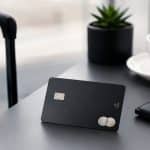Die Bildgestaltung unterstützt dieses Thema mit einer modernen und minimalistischen Atmosphäre. Die dunkle Kreditkarte auf dem Tisch, kombiniert mit Reisegepäck, Lederaccessoires und einer Kaffeetasse, vermittelt Eleganz, Mobilität und gehobenen Lebensstil. Dadurch entsteht ein visuelles Konzept, das Komfort, Exklusivität und finanzielle Flexibilität harmonisch widerspiegelt.