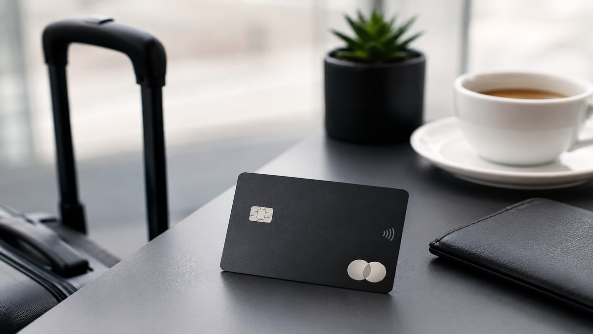 Die Bildgestaltung unterstützt dieses Thema mit einer modernen und minimalistischen Atmosphäre. Die dunkle Kreditkarte auf dem Tisch, kombiniert mit Reisegepäck, Lederaccessoires und einer Kaffeetasse, vermittelt Eleganz, Mobilität und gehobenen Lebensstil. Dadurch entsteht ein visuelles Konzept, das Komfort, Exklusivität und finanzielle Flexibilität harmonisch widerspiegelt.