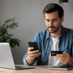 Ein Mann sitzt an einem aufgeräumten Schreibtisch in einer modernen und minimalistischen Arbeitsumgebung. Vor ihm stehen ein geöffneter Laptop und ein kleines Notizbuch, während er konzentriert auf sein Smartphone blickt und eine Bankkarte in der Hand hält. Das natürliche Tageslicht sorgt für eine ruhige und professionelle Atmosphäre, während dezente Zimmerpflanzen und ein schlichtes Regal im Hintergrund das Bild ergänzen. Die Szene vermittelt den Eindruck digitaler Verwaltung von Finanzen, Online-Banking und finanzieller Organisation im Alltag. Das klare Design, die ausgewogenen Kontraste und die hochwertige Darstellung unterstreichen Themen wie Bonität, finanzielle Verantwortung und den Zugang zu modernen Dienstleistungen in Deutschland.