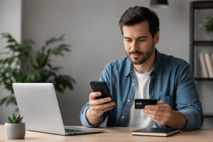 Ein Mann sitzt an einem aufgeräumten Schreibtisch in einer modernen und minimalistischen Arbeitsumgebung. Vor ihm stehen ein geöffneter Laptop und ein kleines Notizbuch, während er konzentriert auf sein Smartphone blickt und eine Bankkarte in der Hand hält. Das natürliche Tageslicht sorgt für eine ruhige und professionelle Atmosphäre, während dezente Zimmerpflanzen und ein schlichtes Regal im Hintergrund das Bild ergänzen. Die Szene vermittelt den Eindruck digitaler Verwaltung von Finanzen, Online-Banking und finanzieller Organisation im Alltag. Das klare Design, die ausgewogenen Kontraste und die hochwertige Darstellung unterstreichen Themen wie Bonität, finanzielle Verantwortung und den Zugang zu modernen Dienstleistungen in Deutschland.